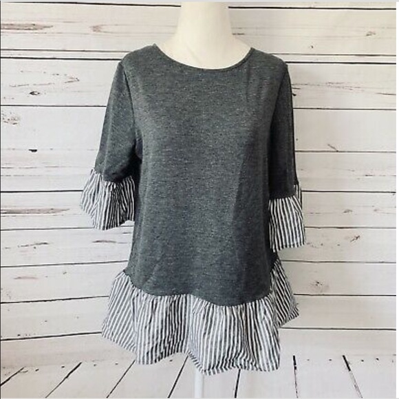 Pleione grey striped ruffle hemline top